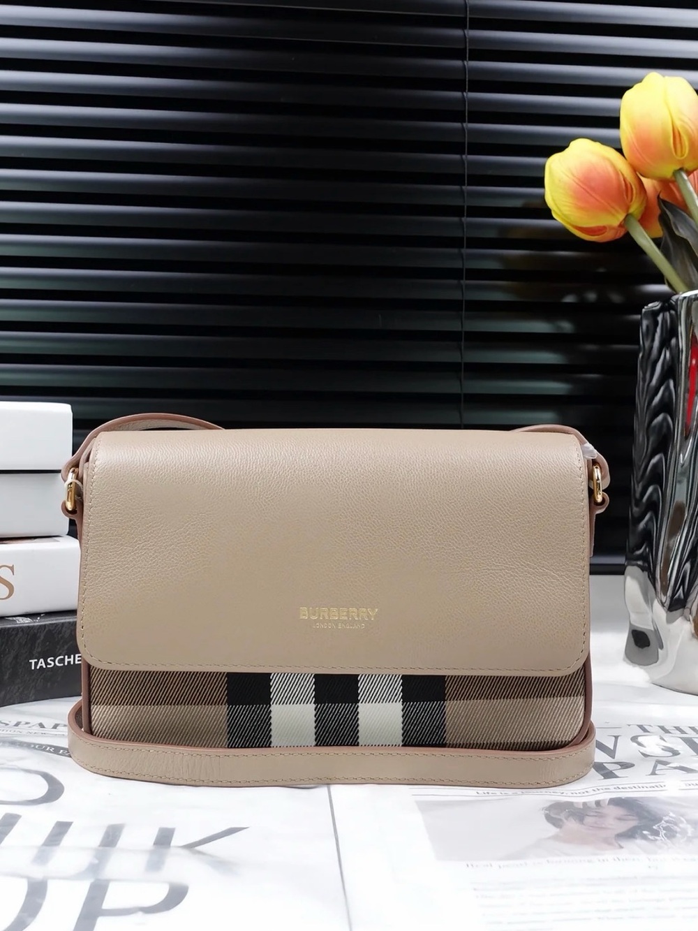 Burberry Taupe Leather & Check Crossbody Bag